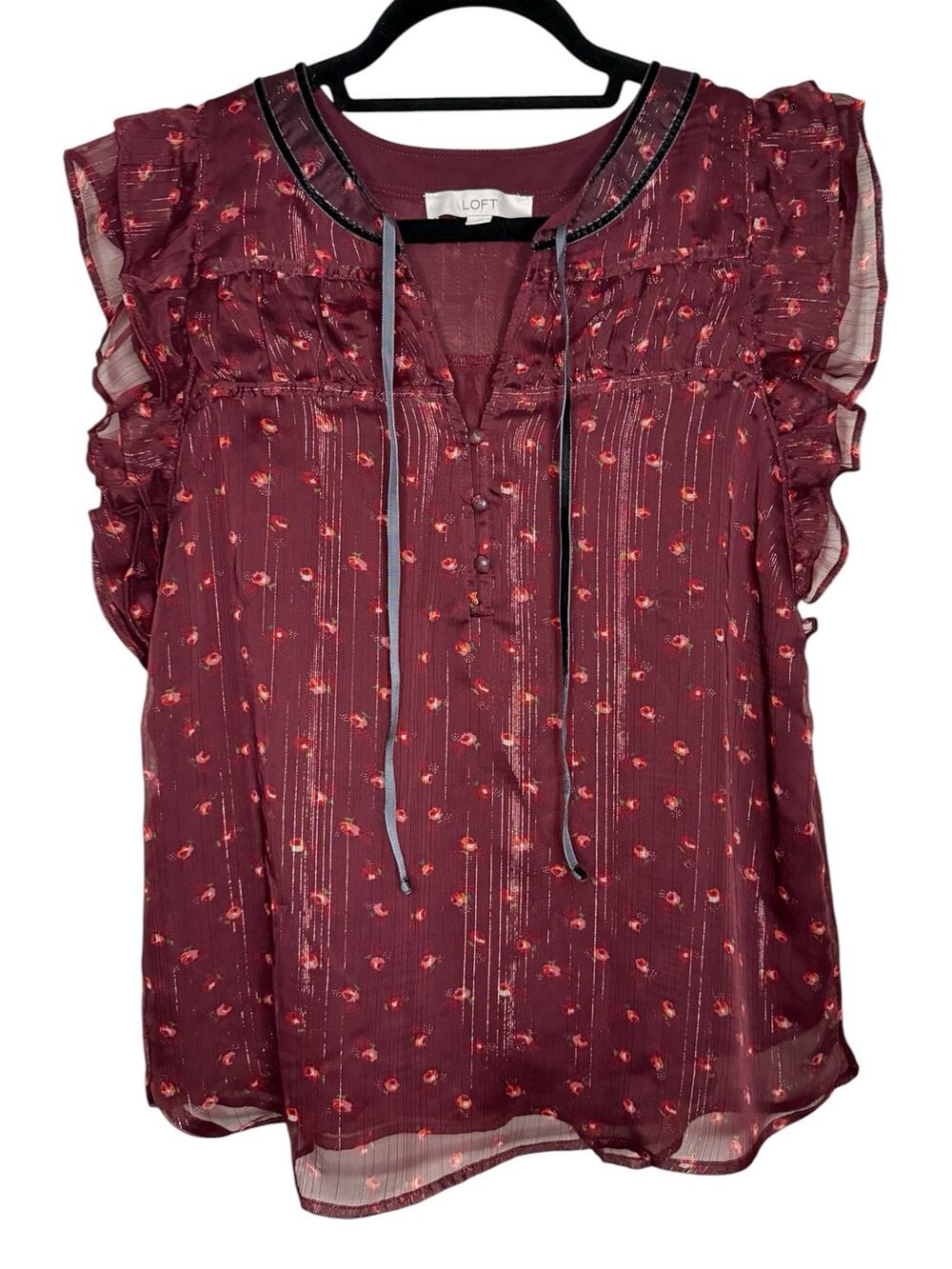 LOFT Women’s Sz M Shimmer Floral Velvet Tie Neck Shell Maroon Rose Print